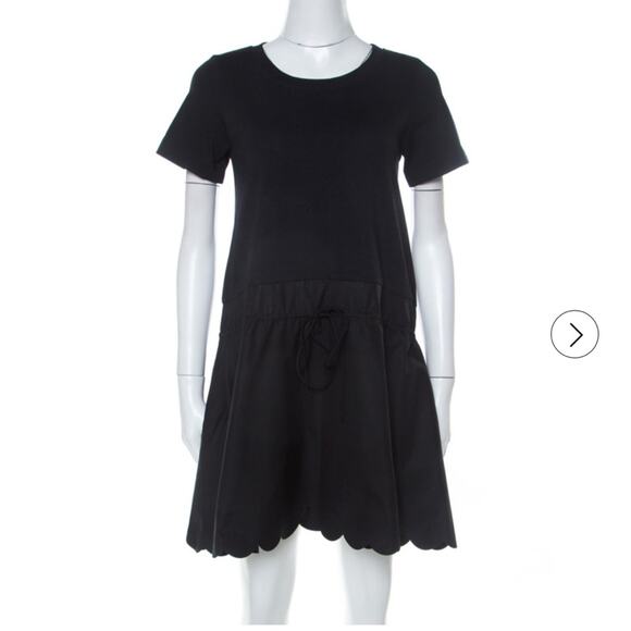 See by Chloe Black Cotton Scallop Hem Short Sleeve Drawstring Waist Mini Dress - Picture 1 of 10